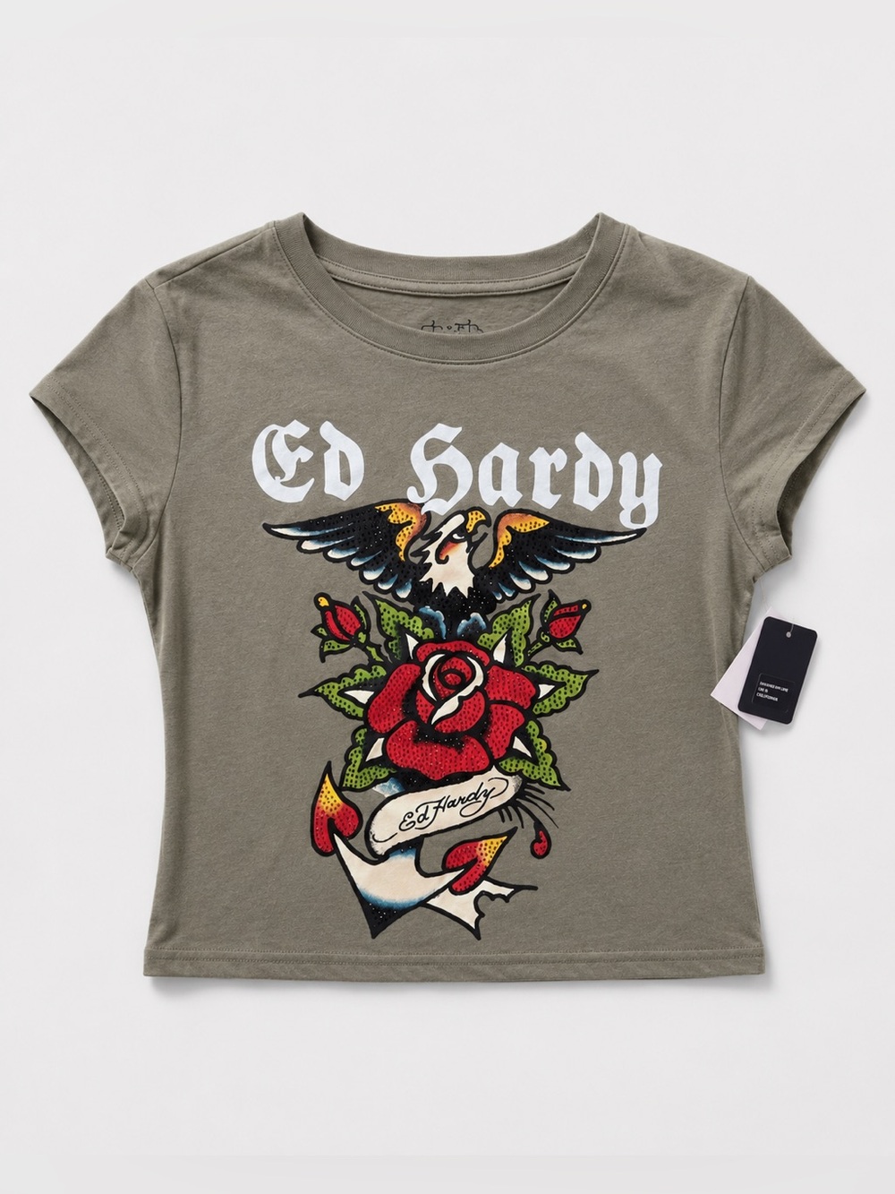 Ed Hardy Y2K Tattoo Graphic Baby Tee Rose Eagle Olive Green Size L